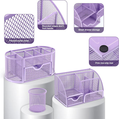 17 in1 Silvery Desk Organizers and Accessories Set, 3 Office Desk Supplies Storage Organization, 4 Pens, Stapler, Staples & Remover, Tape & Dispenser, Scissors, Ruler, Clips, Hole Punch Back to School