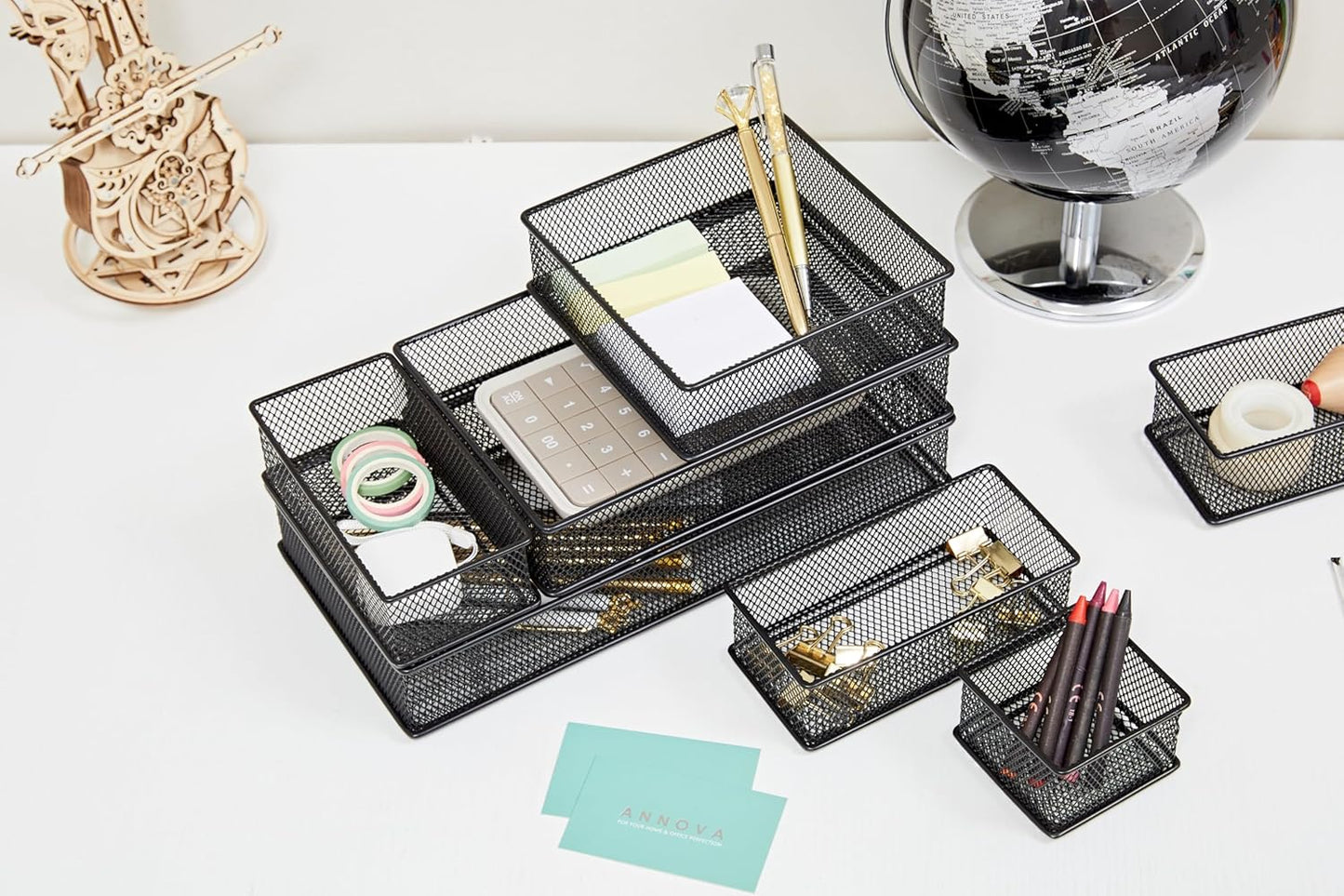 Annova Stackable Mesh Drawer Cabinet and Shelf Organizer Bins Storage Basket School Office Supply Holder Tray- Set of 2 (Gold, 3x3x2 Inch)