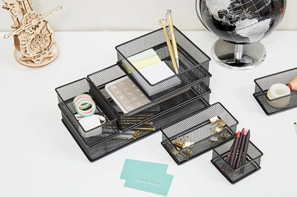 Annova Stackable Mesh Drawer Cabinet and Shelf Organizer Bins Storage Basket School Office Supply Holder Tray- Set of 2 (Gold, 3x3x2 Inch)