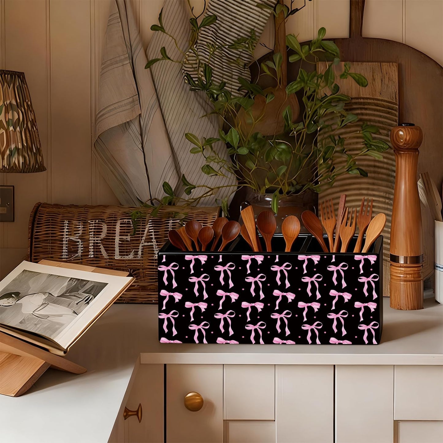 Purple Coquette Bow Pen Pencil Holder for Desk, Girly Office Decor, Preppy Purple Bow Aesthetic Wooden Box Sign Decorations for Girly Room Bedroom Dorm Office Desk Tabletop
