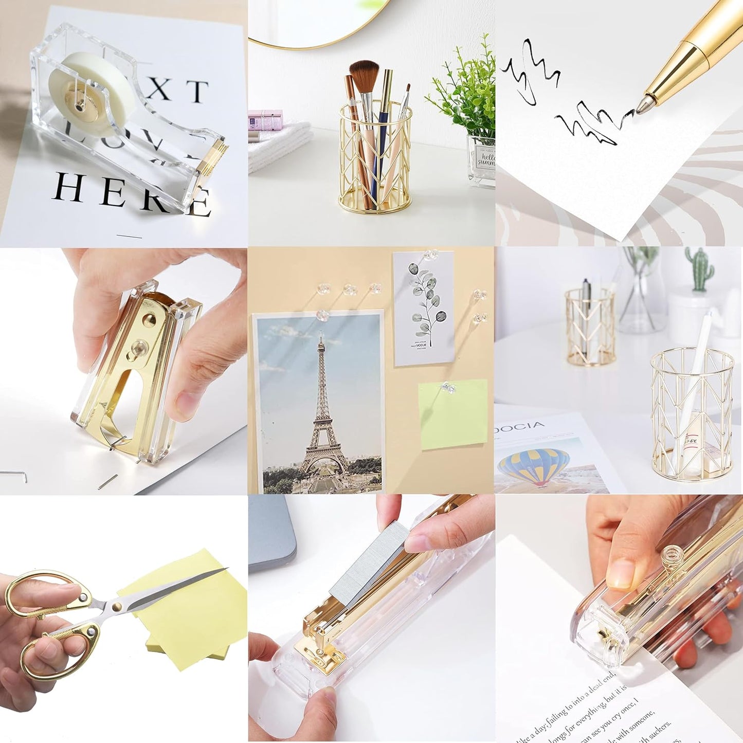 Famassi Rose Gold Desk Accessories，Office Supplies Set Acrylic Stapler Set Staple Remover, Tape Holder, 2 Ballpoint Pen, Scissor, Binder/Paper Clips and 1000pcs Staples.