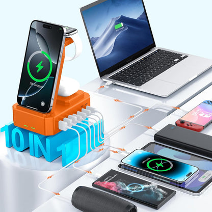 300W Charging Station for Multiple Devices Apple,10 in 1 Wireless Charger for iPhone,GaN III USB C 65W PD Fast Charging Stand Dock for MacBook,iWatch&Airpods (Wireless Charging Only for Apple)
