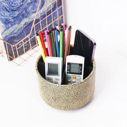 lizimandu Round Leather Art Supply Organizer,Remote Control Holder,360 Degree Spinning,Multi-Functional Pencil Holder,4 Compartments Desktop Stationary Organizer(1-Gold) - Colors B