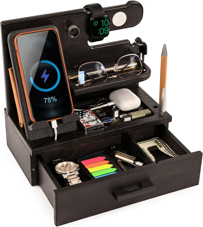 TESLYAR Wood Phone Docking Station with Drawer - Nightstand Organizer - Desk Organizer for Husband - Birthday Gifts for Men, Dad, Anniversary Idea, Key Holder Stand Watch & Accessories (Antique Brown)