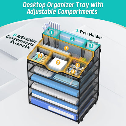 5 Tier Mesh Desk Organizer,Multi Functional Letter Paper Tray with 3 Pen Holders and 5 Adjustable Storage Compartments for Office Supplies Files and Mail Space Saving Desktop Organizer-Black