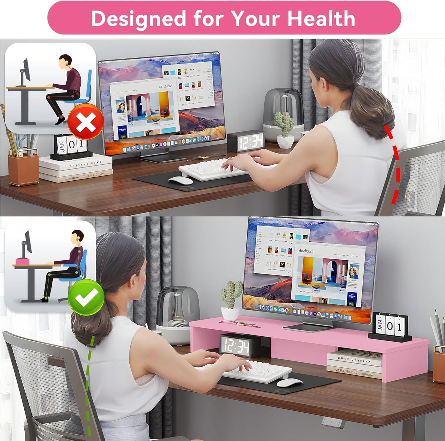 Qupui Computer Monitor Stand Riser with Drawer and Pen Holders, Desk Organizer Shelf and Accessories, Office Desk Accessories, Office Organization, Black