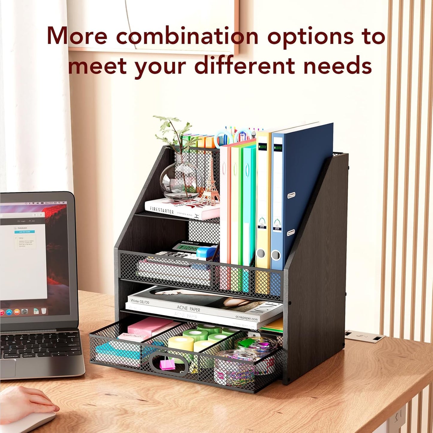 Homsorout Wooden Desk Organizer - Mesh File Organizer with Drawers and Pen Holder - 4-Tier Vertical Paper Letter Storage Tray, Desktop Organizers and Accessories for Home Office