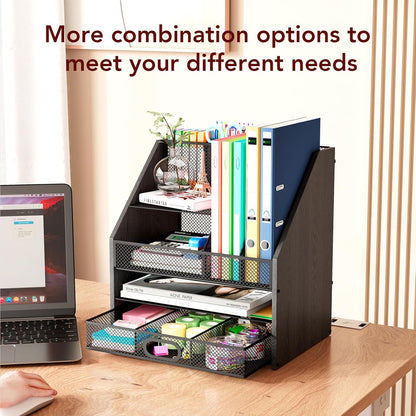 Homsorout Wooden Desk Organizer - Mesh File Organizer with Drawers and Pen Holder - 4-Tier Vertical Paper Letter Storage Tray, Desktop Organizers and Accessories for Home Office