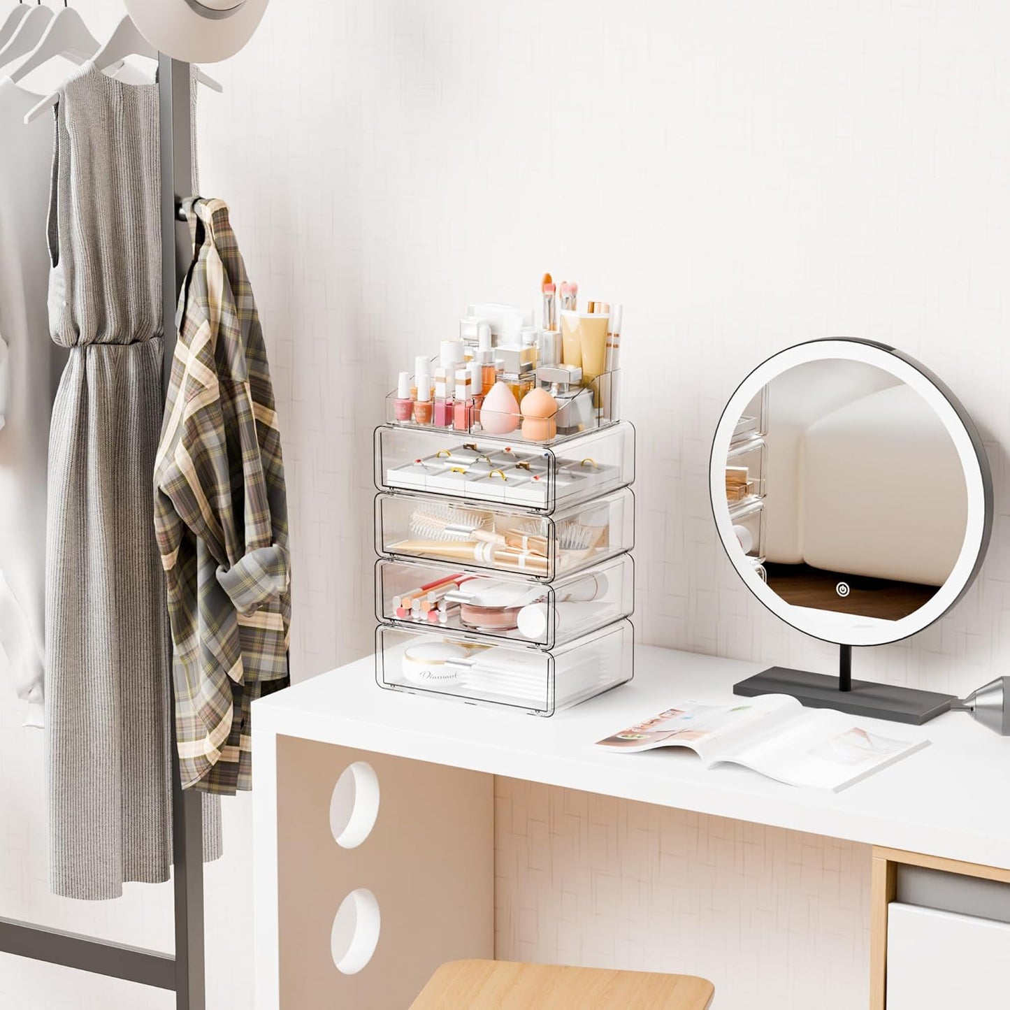 Yieach 3 Tier Clear Acrylic Makeup Organizers with Drawers,Tiered Countertop Make up Storage Organizer for Dresser Top and Bathroom Vanity,Plastic Makeup Stand for Brush,Skincare,Beauty Organizers