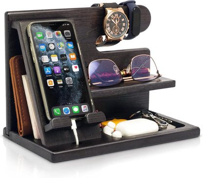 TESLYAR Wood Phone Docking Station for Men - Desktop or Nightstand Organizer - Birthday Gifts for Men, Dad - Anniversary Idea from Wife - Key Holder, Stand Wallet, Watch & Essentials (Granite Black)