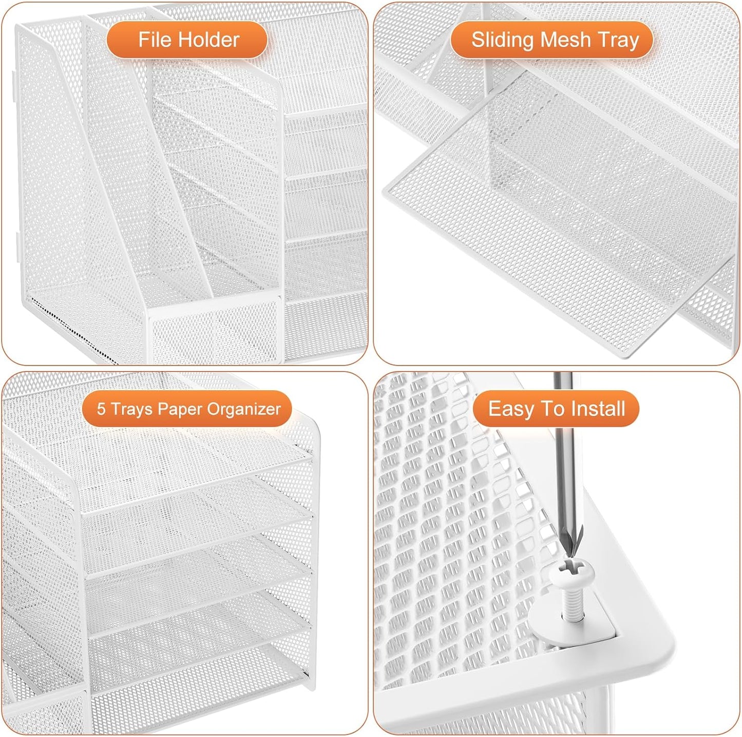 Marbrasse Desk Organizer with File Holder, 5-Tier Paper Letter Tray Organizer with Drawer and 2 Pen Holder, Mesh Desktop Organizer and Storage with Magazine Holder for Office Supplies(Black)