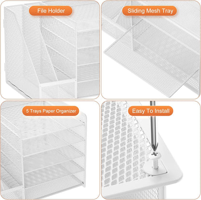 Marbrasse Desk Organizer with File Holder, 5-Tier Paper Letter Tray Organizer with Drawer and 2 Pen Holder, Mesh Desktop Organizer and Storage with Magazine Holder for Office Supplies(Black)