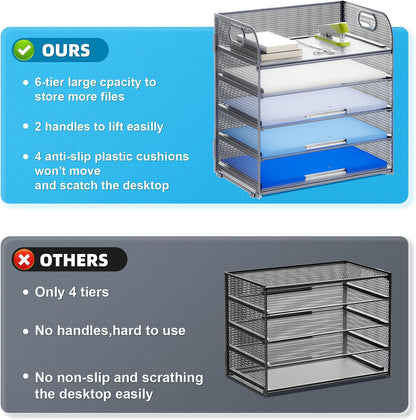 Marbrasse 5-Tier Letter Tray Paper Organizer with Handle, Multi-Functional Mesh File Organizer for Desk, Adjustable Compartments Mesh Desktop Storage for Office Supplies,Black