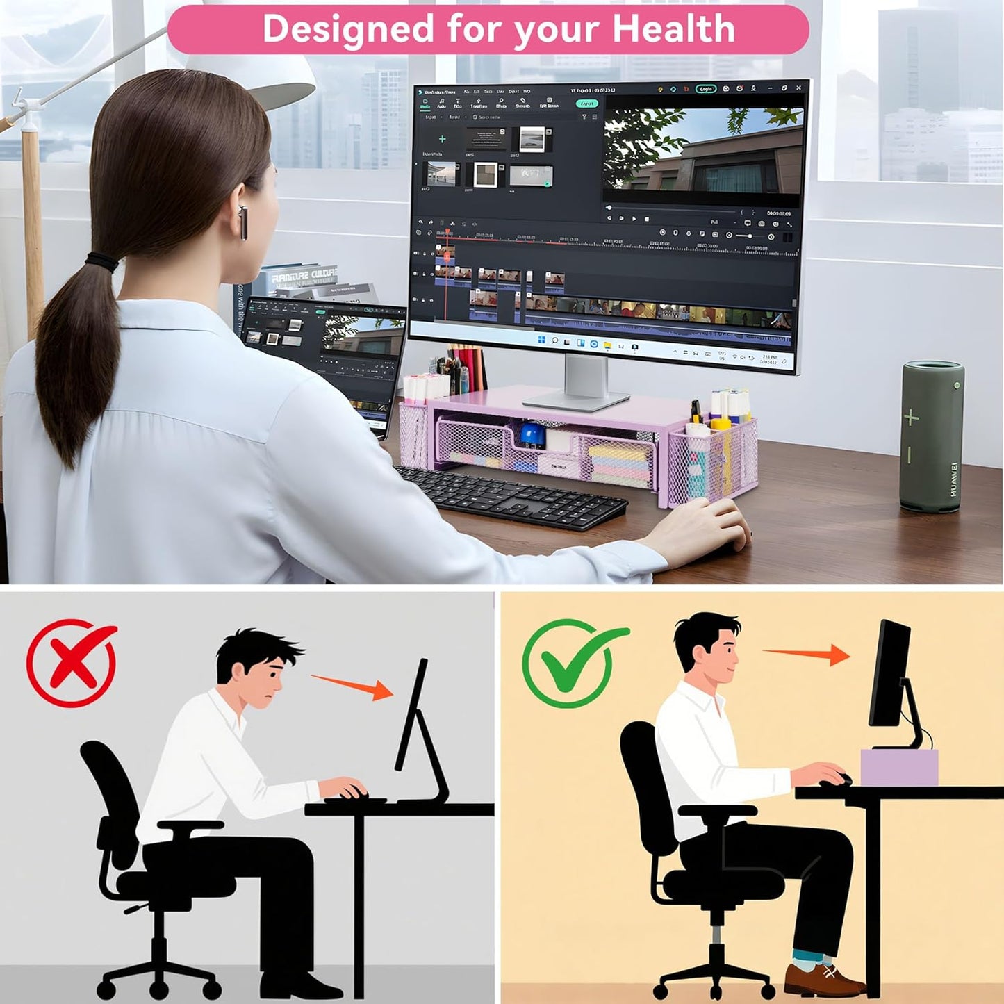 Qupui Computer Monitor Stand Riser with Drawer and Pen Holders, Desk Organizer Shelf and Accessories, Office Desk Accessories, Office Organization, Black