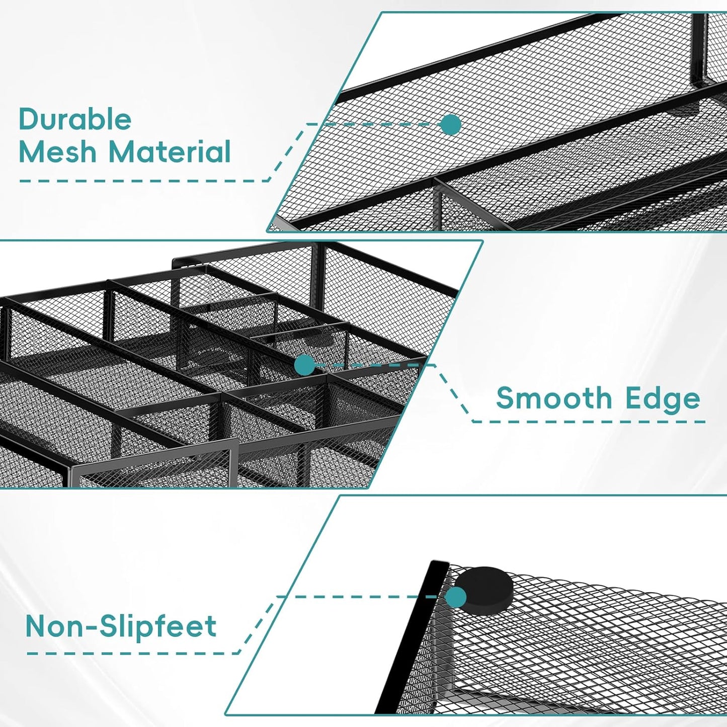 Expandable Desk Drawer Organizer Tray with 10 Adjustable Compartments, Metal Mesh Office Drawer Organizer, Versatile Desk Organizer for Home, School Supplies, Makeup Vanity & Jewelry (Black)