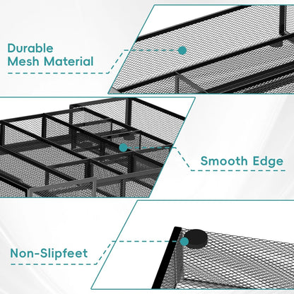 Expandable Desk Drawer Organizer Tray with 10 Adjustable Compartments, Metal Mesh Office Drawer Organizer, Versatile Desk Organizer for Home, School Supplies, Makeup Vanity & Jewelry (Black)