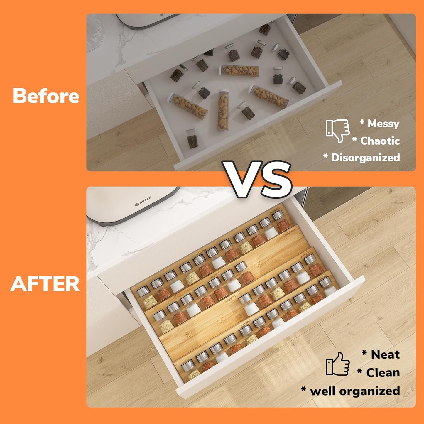 AMBIRD Spice Drawer Organizer, 4 Tier-2 Set Clear Spice Rack Tray Expandable From 11'' to 22'', Seasoning Organizer with non-slip tape for Kitchen, Cabinet, Drawers, Countertop(JARS NOT INCLUDED)