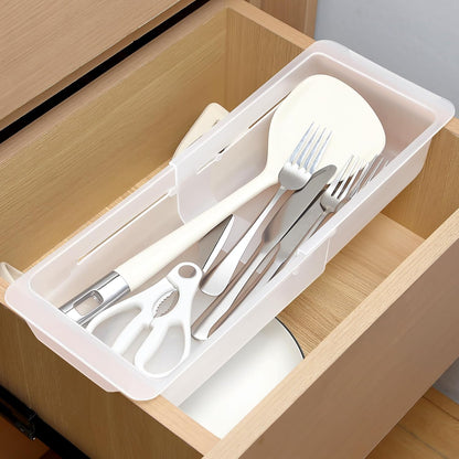 2 Pack Deep Drawer Organizer Bins, Adjustable Sliding Drawer Organizer Bin Expandable Tray for Kitchen Utensils, BBQ Tools, Towels, Durable Plastic Sliding for Easy Storage (17" to 27”)