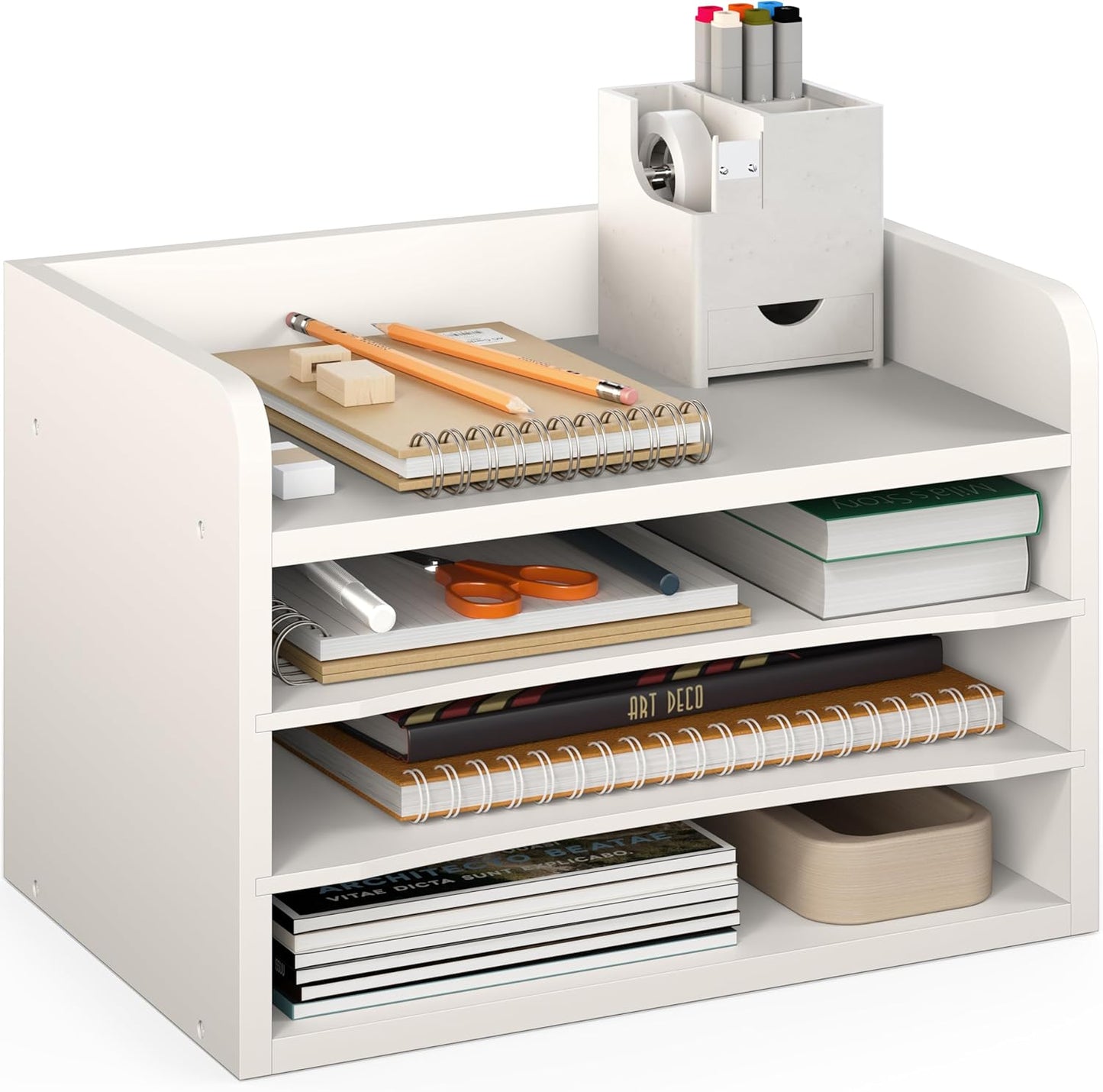 Ballucci 4-Tier Paper Organizer for Desk, Stackable Organizer Tray, Desk Storage Shelves, Stacking Letter Paper Tray Sorter for Classroom, Office, White