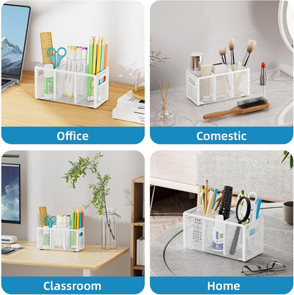 Marbrasse Mesh Pen Holder for Desk,Pencil Holder Desk Organizer 3 Adjustable Compartments,Pencil Cup with Handle Perfect for Classroom, Office, Home,Makeup,Art (Black)