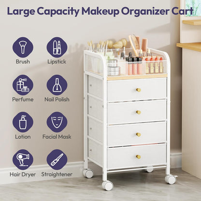 SWTYMIKI Rolling Makeup Organizer Cart - Under Desk Vanity Makeup Storage with 3 Non-woven Drawers, Nail Cart Organizer Cosmetic Display Cases Cabinet for Skin Care Perfume Nail Polish Brush Hair Tool