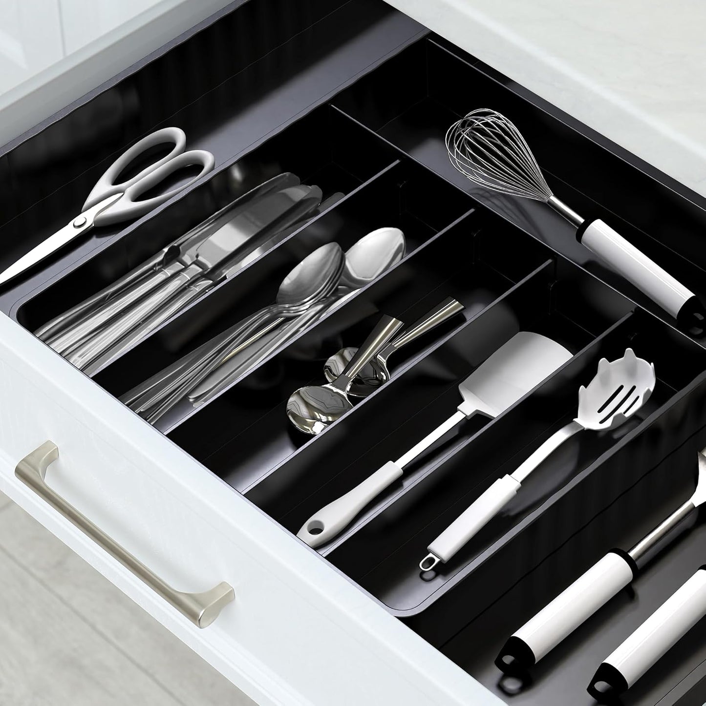 Simple Houseware Expandable & Adjustable Cutlery Drawer Organizer - Large Utensil and Flatware Tray for Kitchen Drawers, White