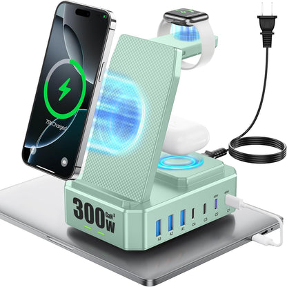 300W Charging Station for Multiple Devices Apple,10 in 1 Wireless Charger for iPhone,GaN III USB C 65W PD Fast Charging Stand Dock for MacBook,iWatch&Airpods (Wireless Charging Only for Apple)