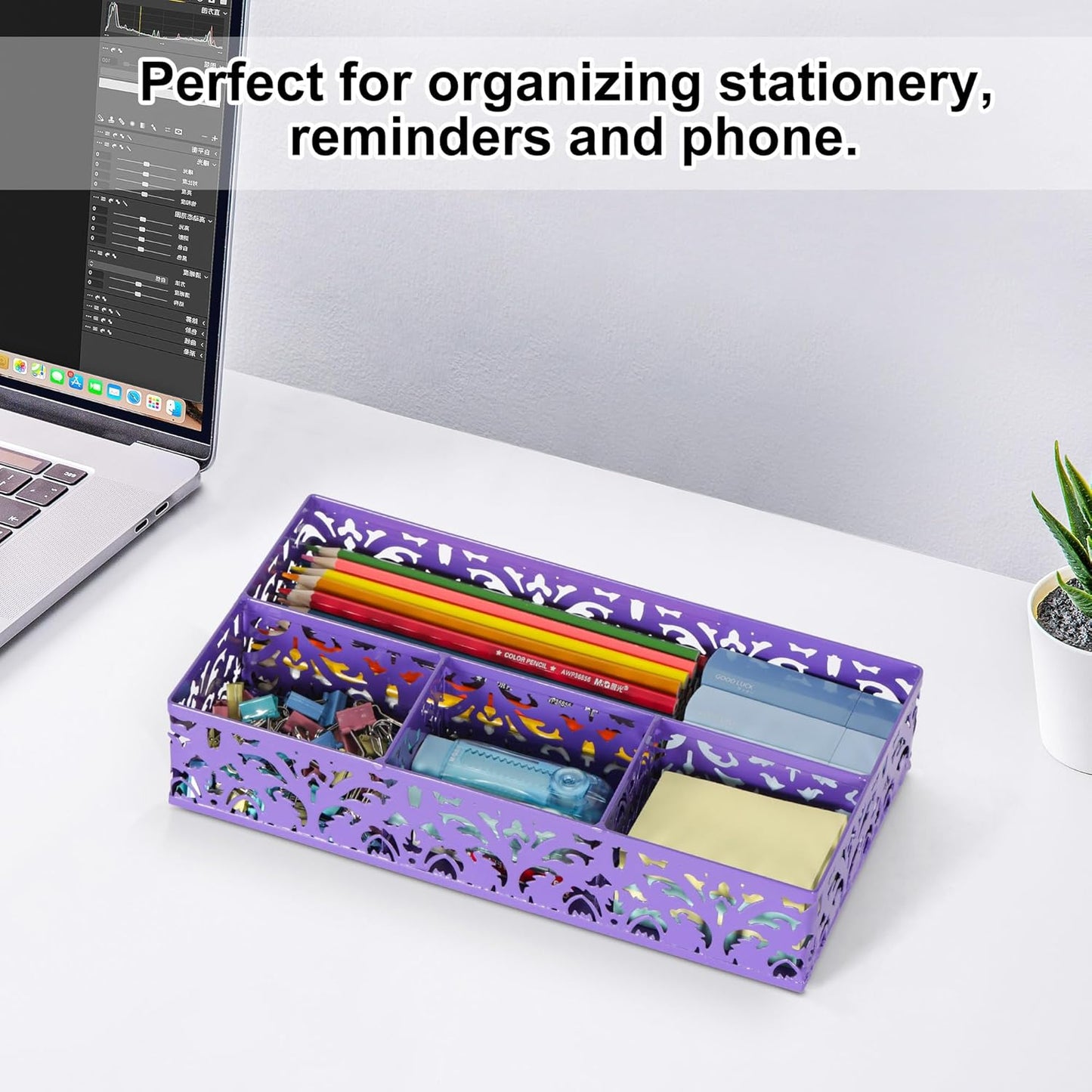 EasyPAG Desk Drawer Organizer with 4 Compartments, Carved Hollow Floral Metal Tray for Office, Jewelry, Cosmetics - No Assembly, Purple