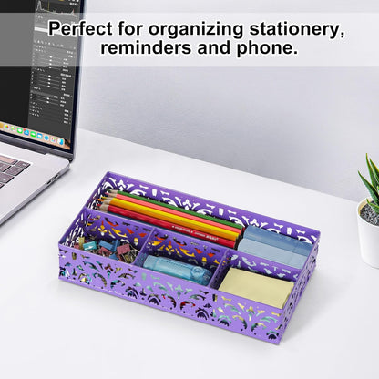 EasyPAG Desk Drawer Organizer with 4 Compartments, Carved Hollow Floral Metal Tray for Office, Jewelry, Cosmetics - No Assembly, Purple