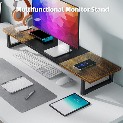 Simple Trending 38 Inch Dual Monitor Stand Riser, Wood and Steel Desktop Organizer for Home Office, Black