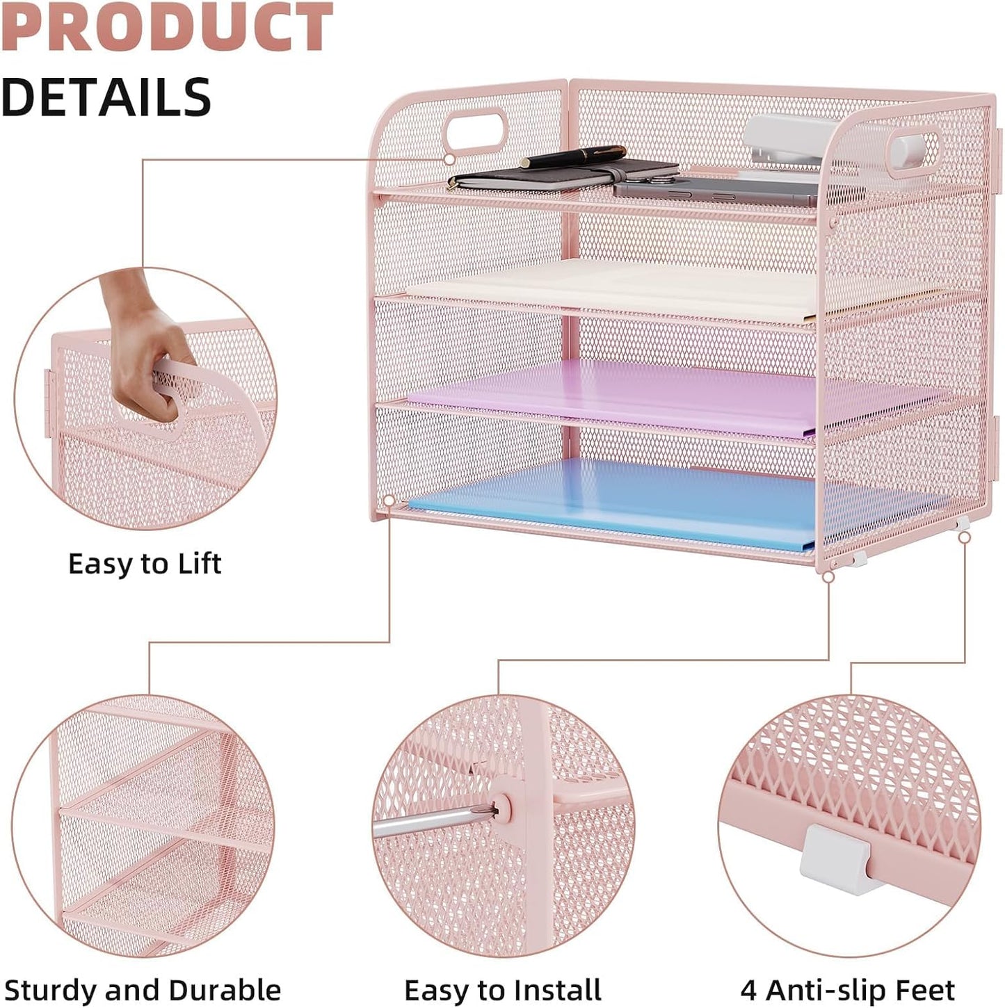 Marbrasse 4 Tier Paper Organizer Letter Tray - Mesh Desk File Organizer with Handle, Paper Sorter Organizer for Letter/A4 Office File Folder Holder (Black, 12.6" x 9.1" x 10.7")