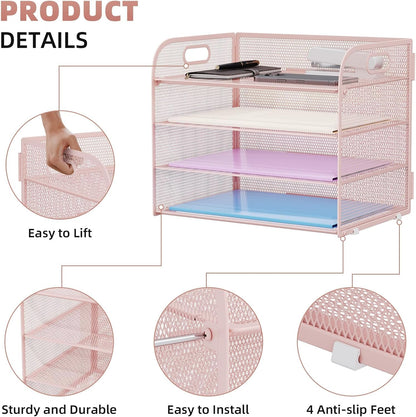 Marbrasse 4 Tier Paper Organizer Letter Tray - Mesh Desk File Organizer with Handle, Paper Sorter Organizer for Letter/A4 Office File Folder Holder (Black, 12.6" x 9.1" x 10.7")
