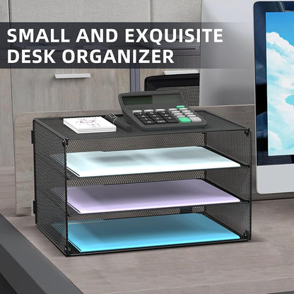 DALTACK 3 Tier Letter Tray Paper Organizer for Desk, Mesh Metal Desk File Organizer with Sliding Trays for Letter/A4 Paper, Mail, Bills & Folders, Black