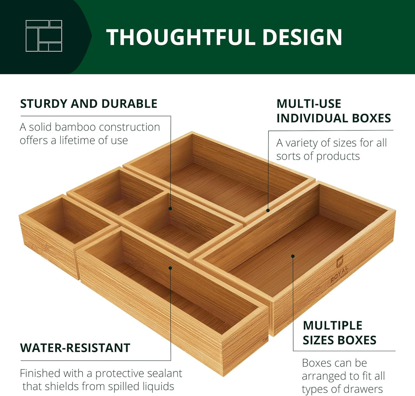 ROYAL CRAFT WOOD 5-Piece Bamboo Drawer Organizer Set – Multi-Use Storage Trays for Kitchen, Bathroom, Office, Makeup, Jewelry & More – Junk Drawer Tray, Utensil Holder, Storage Box & Bin Set (5 Boxes)