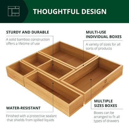 ROYAL CRAFT WOOD 5-Piece Bamboo Drawer Organizer Set – Multi-Use Storage Trays for Kitchen, Bathroom, Office, Makeup, Jewelry & More – Junk Drawer Tray, Utensil Holder, Storage Box & Bin Set (5 Boxes)