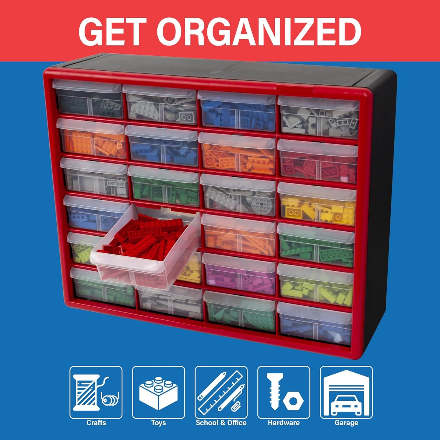 Akro-Mils 24-Drawer Plastic Drawer Storage Cabinet for Garage Organization, Bead Organizer, Building Bricks Storage, Teacher Toolbox, Makeup Organizer, 20" W x 6" D x 16" H, 10124 Black