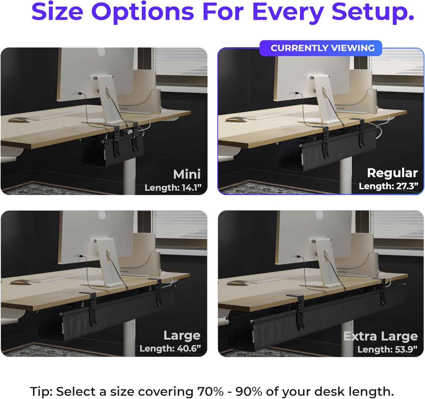 Ascrono Original No Drill Under Desk Cable Management Tray 27.3" - Premium White Fabric Cable Management Under Desk - Clamp/Screw Mount Cord Organizer - Supports Upto 66lbs