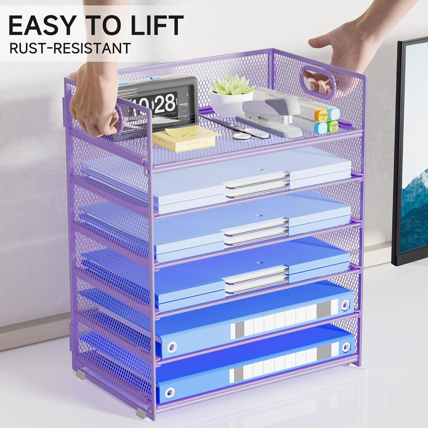 Paper Organizer Letter Tray with Handle, 5-Tier Black Stackable Desk Organizer with Metal Mesh, Sturdy Paper Tray for Office Desk, Home & Classroom Supplies Storage
