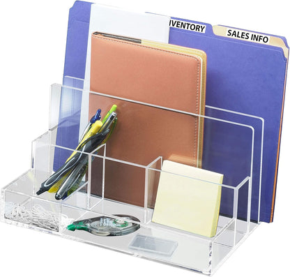 Kantek Clear Acrylic File Sorter/Desk Organizer, Multiple compartments, 2 Large File Sections, 10.5" x 7.5" x 6.7", Fits on any 10.5" Tray, Office Organizer, Desk Accessory