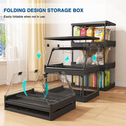 HYBRIDEAS 3-Pack Clear Stackable Storage Bins with Lids Magnetic Doors Open Front Foldable Folding Plastic Craft Containers Large Closet Organizers Box for Bedrooms Living Rooms Study Kids' Toys 24 QT