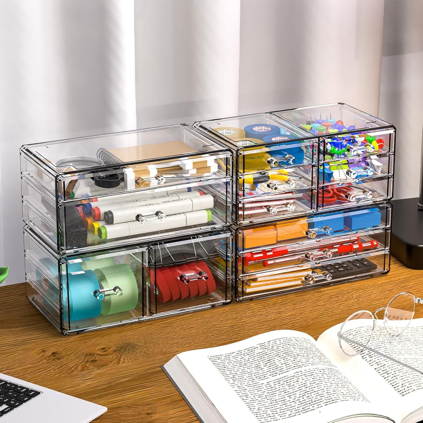 Cq acrylic 2 Pack Clear Desk Organizer With Drawers,Stackable 6 Drawers Skincare Organizer,Cute Skin Care Organizers for Vanity Hair Clip,Jewelry,Beauty Product Desk and Makeup Organizers Countertop