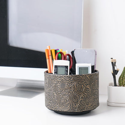 lizimandu Round Leather Art Supply Organizer,Remote Control Holder,360 Degree Spinning,Multi-Functional Pencil Holder,4 Compartments Desktop Stationary Organizer(1-Gold) - Colors B
