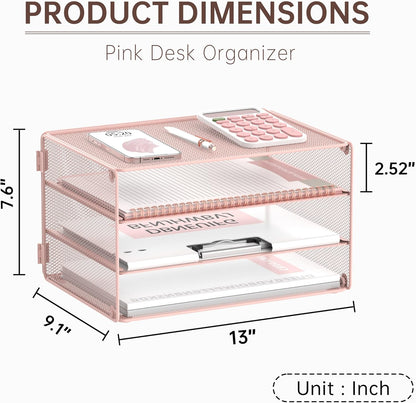 DALTACK 3 Tier Letter Tray Paper Organizer for Desk, Mesh Metal Desk File Organizer with Sliding Trays for Letter/A4 Paper, Mail, Bills & Folders, Black