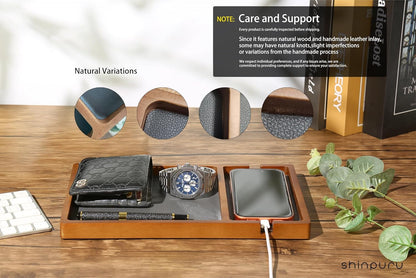 Shinpuru Wooden Valet Tray for Men, Nightstand Organizer with Leather Inlay, EDC Essentials Catchall Tray for Keys, Phone, Wallet, Watch, Earbuds - Bedside Desk Entryway Tray (Wood)