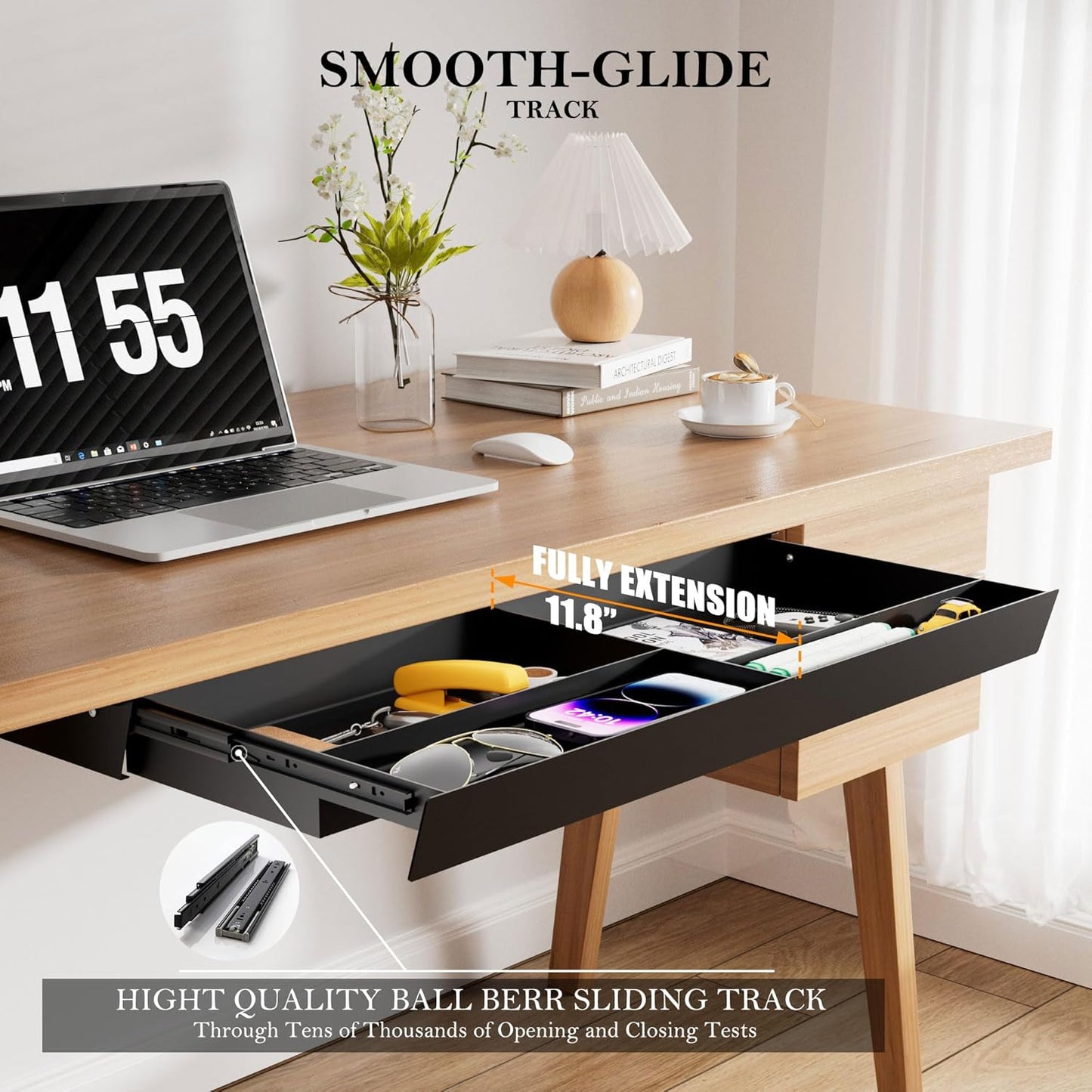 Under Desk Drawer 28.3" Wide, 60° Ergonomic Tilt Organizer with Multi-Compartment – Ball Bearing Slides, Fully Assembled, Under Desk Storage for Home Office Supplies