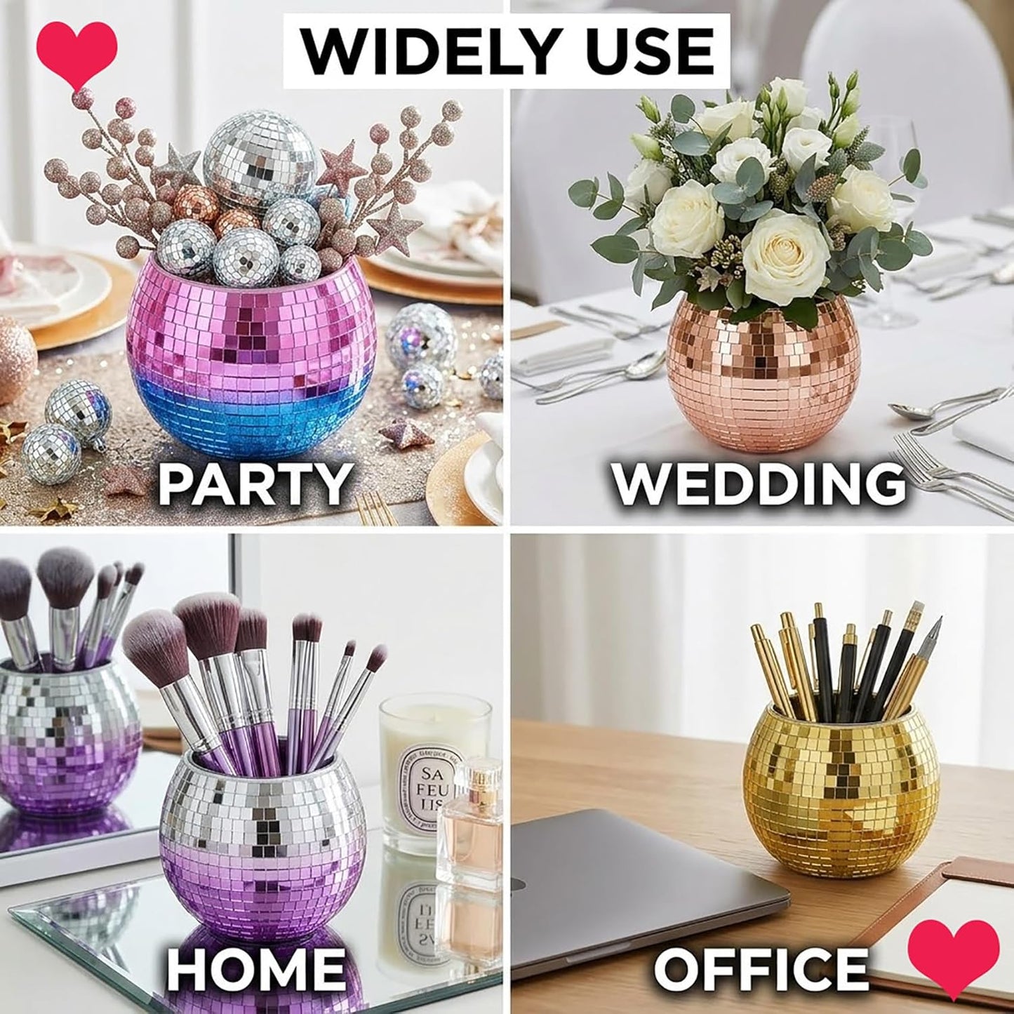Glass Disco Ball Pen Holder with Smooth Grouting - Premium Mirror Mosaic Pencil Cup for Desk, Cute Makeup Brush Holder, Aesthetic Room Decor Gift (Iridiscente)