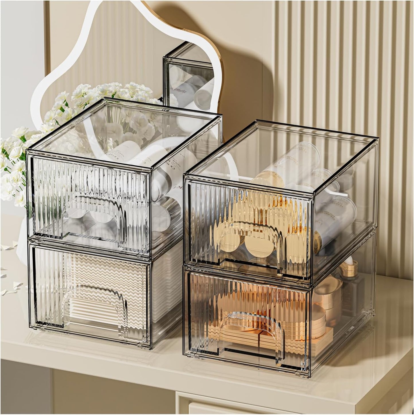 ZHIAI 8 Pack Clear Stackable Storage Drawer, Acrylic Drawer, Cosmetic Organizer, Plastic Organizer for Dresser, Under, Kitchen Cabinet, Pantry, Home Organization and Storage