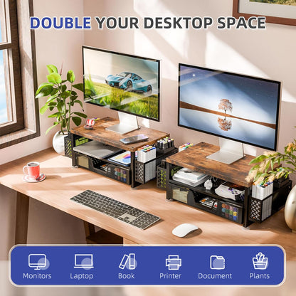 Simple Trending Desk Organizers and Accessories, Computer Monitor Stand Riser with Drawer and 2 Pen Holders, 2-Tier Computer Rack for Home Office, Wood