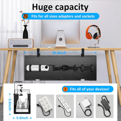 Under Desk Cable Management Tray - Under Desk Cord Management - Clamp/Screw Mount - Fabric Wire Management - Cable Raceways Tray Cord Hiders for Office/Home (Black, 35.8"×5.6")
