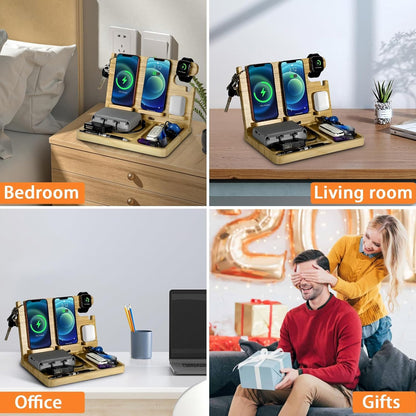 Wood Phone Docking Station Nightstand Organizer for Men 27W 2 Phone Wireless Charging Station with 4 Wireless Charger Stand for iPhone Apple Watch AirPod Mens Birthday Gift Ideas Key Holder